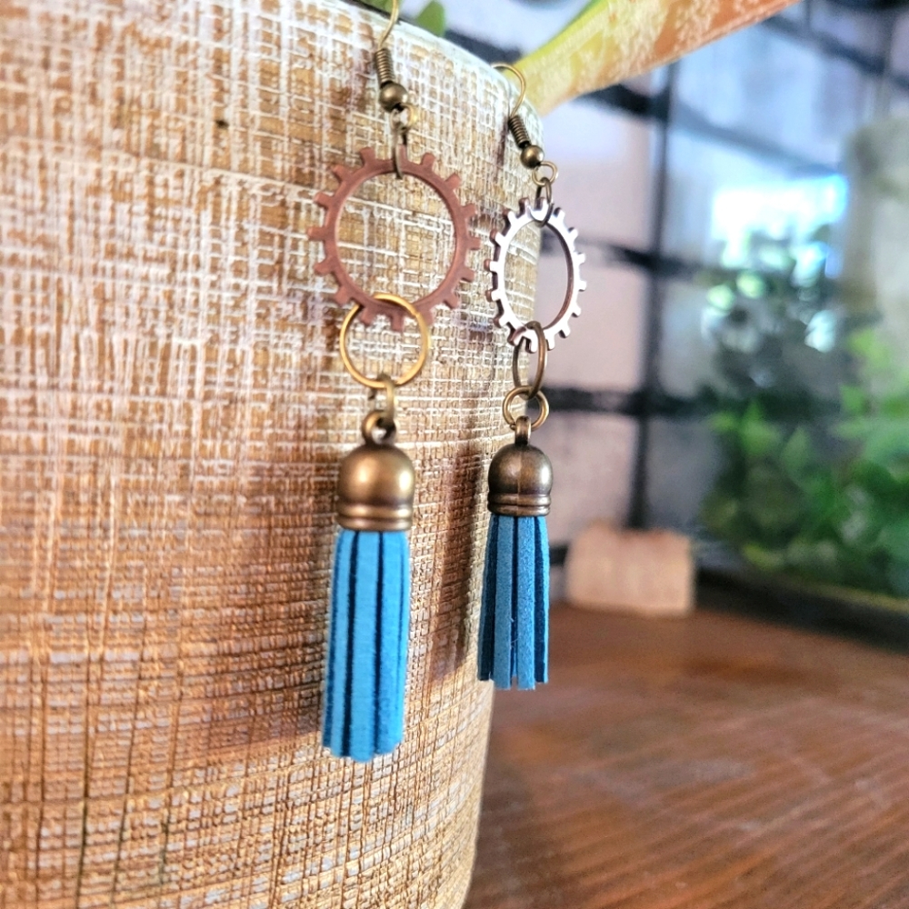 Rustic Chic Blue/Bronze Tassle Dangle earrings, hand crafted by Tineka Dawn